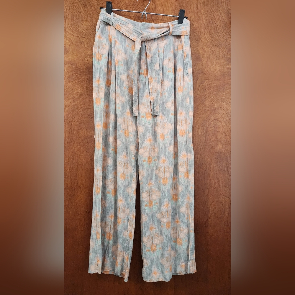 Zara Flowy High Waist Wide Leg Printed Linen Pants with Self Belt